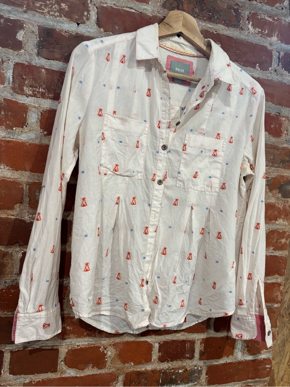 Maeve Cream Button-Down Shirt with Orange tent Print
